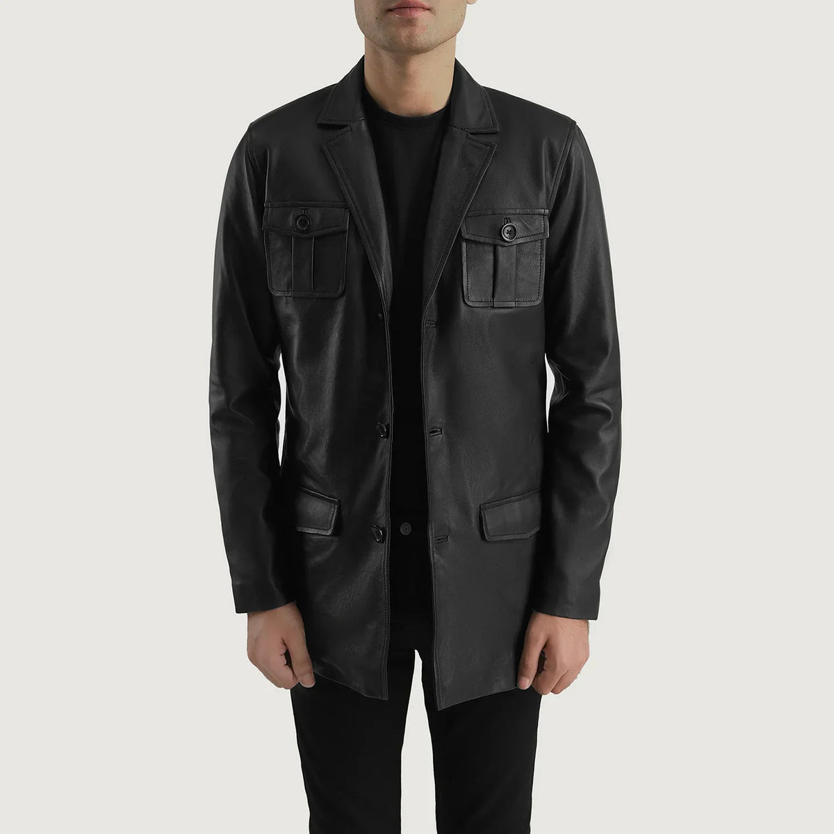 
Ray Cutler Black Leather Blazer in Black Sheepskin Leather - 정면 스타일 및 테일러드 실루엣 | 공식 온라인 스토어 구매