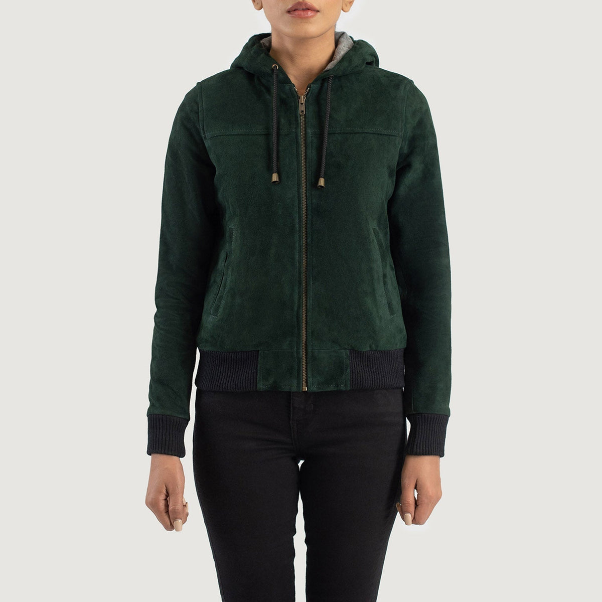 
클로즈업 상세 of Hooded & Zipper Hardware on Rebella Green Hooded Suede Bomber Jacket