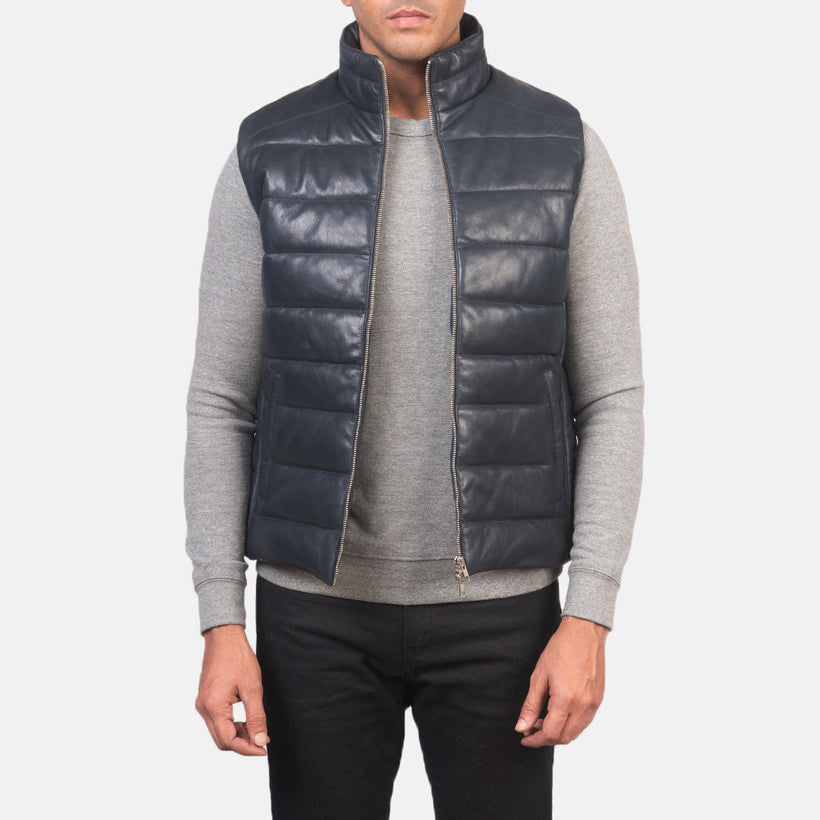 Reeves Blue Leather Puffer Vest 남성용
