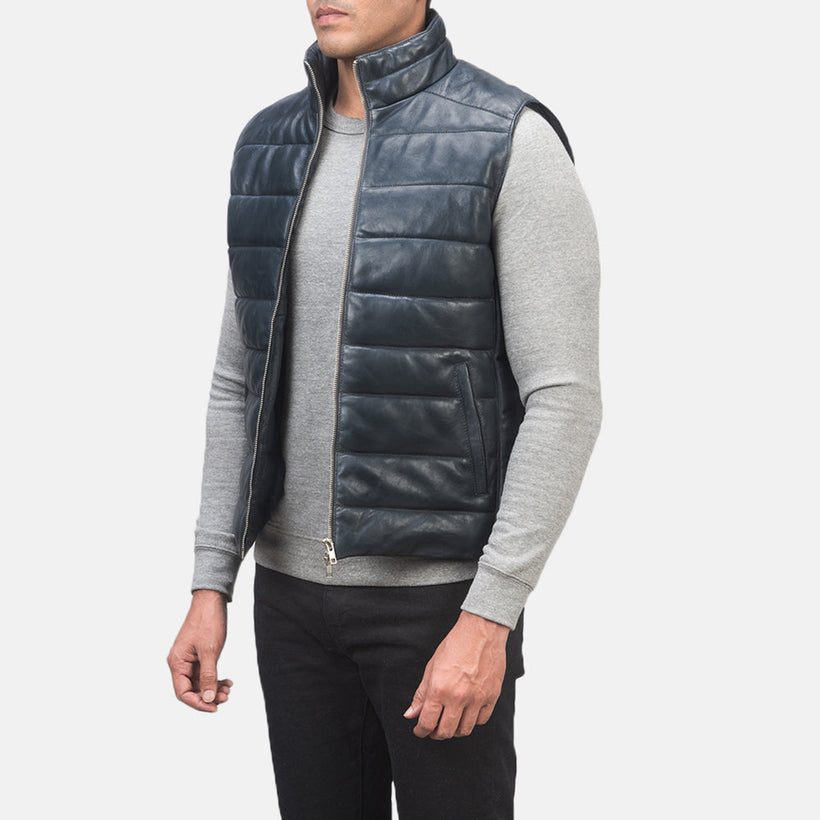 Reeves Blue Leather Puffer Vest 남성용