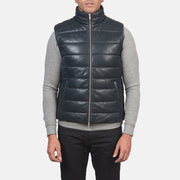 
클로즈업 상세 of Classic Collar & Zipper with Dual Puller Hardware on Reeves 블루 Leather 패딩 베스트 남성용