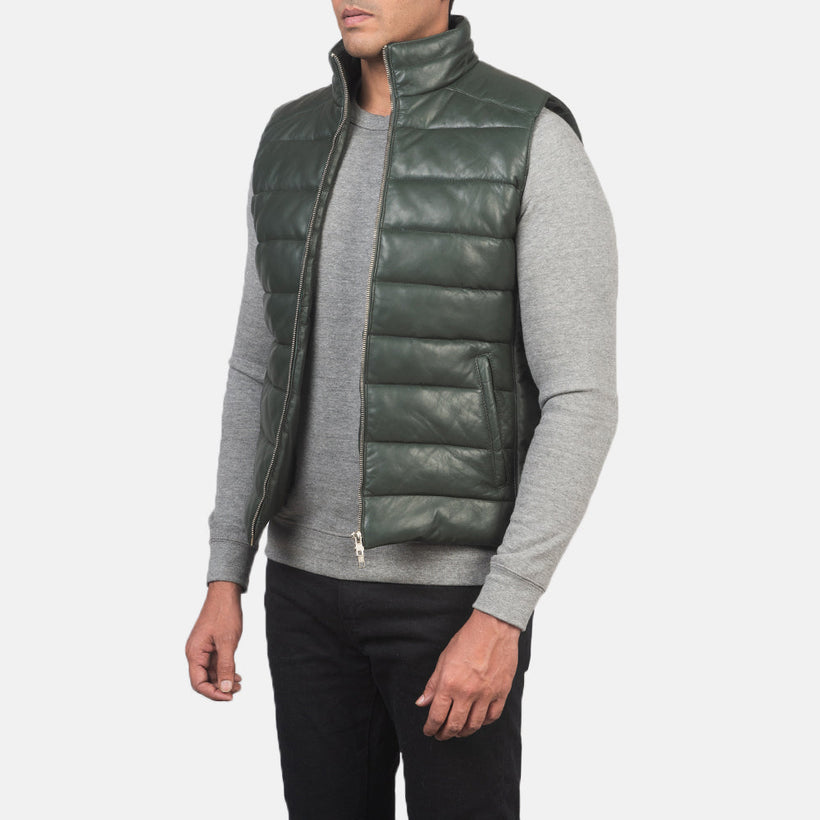 Reeves Green Leather Puffer Vest 남성용