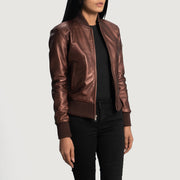 Women's Reida Maroon 가죽 봄버 자켓 여성용 - Lateral Side Profile View Showing Sleeve Cut &amp; Athletic Taper Fit