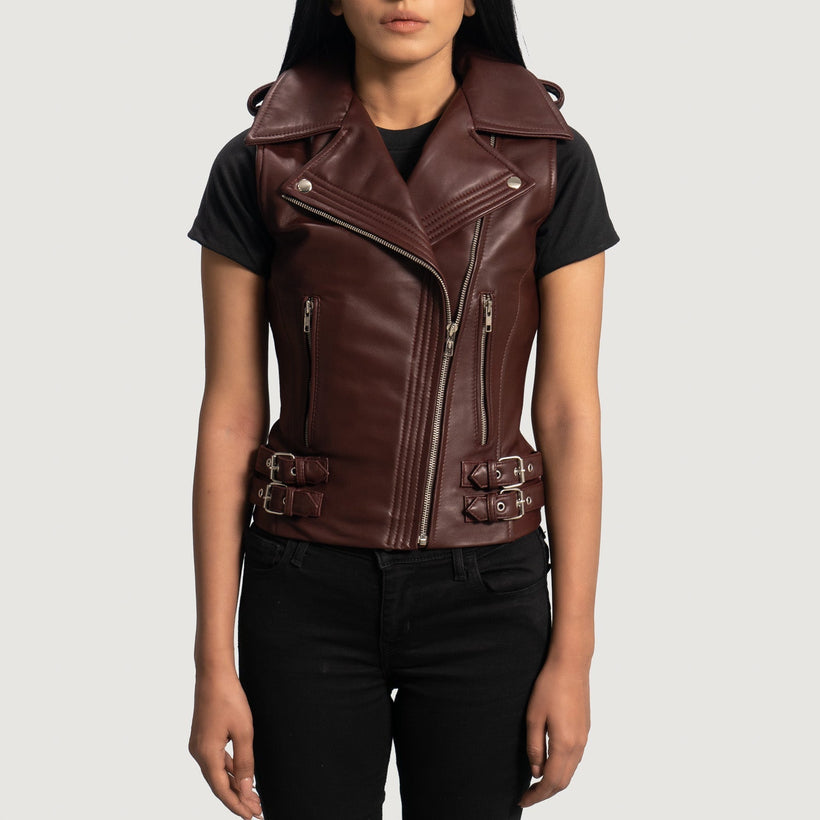 Rhonda Maroon Leather Biker Vest 여성용