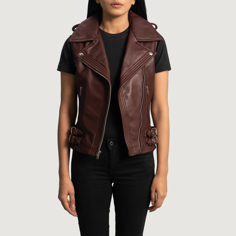 Rhonda Maroon Leather Biker Vest 여성용