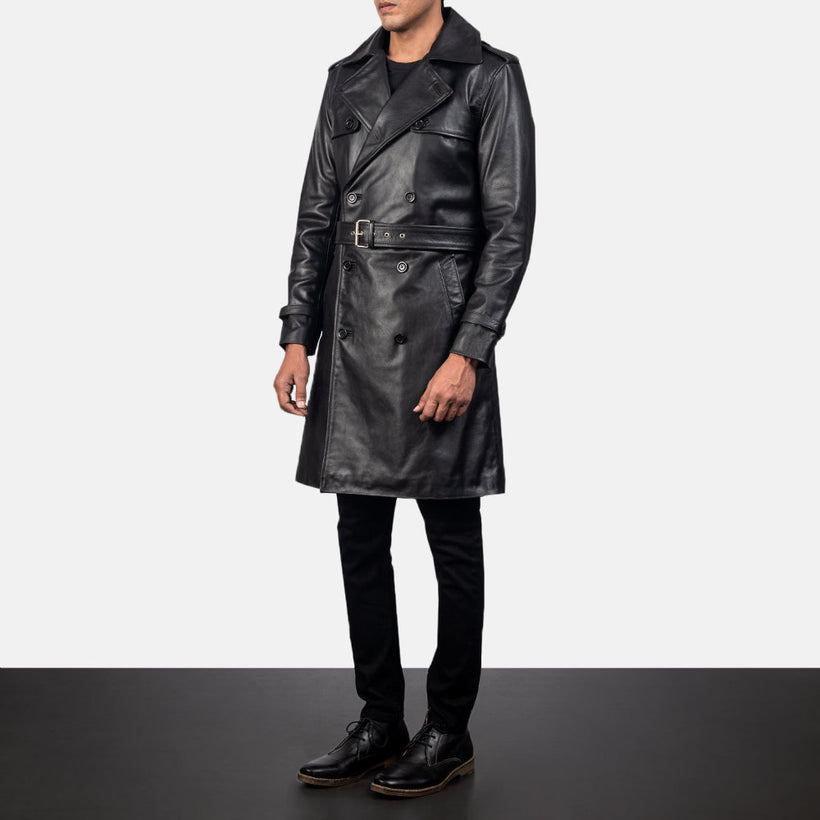 Royson 블랙 Leather Duster 가죽 코트 남성용