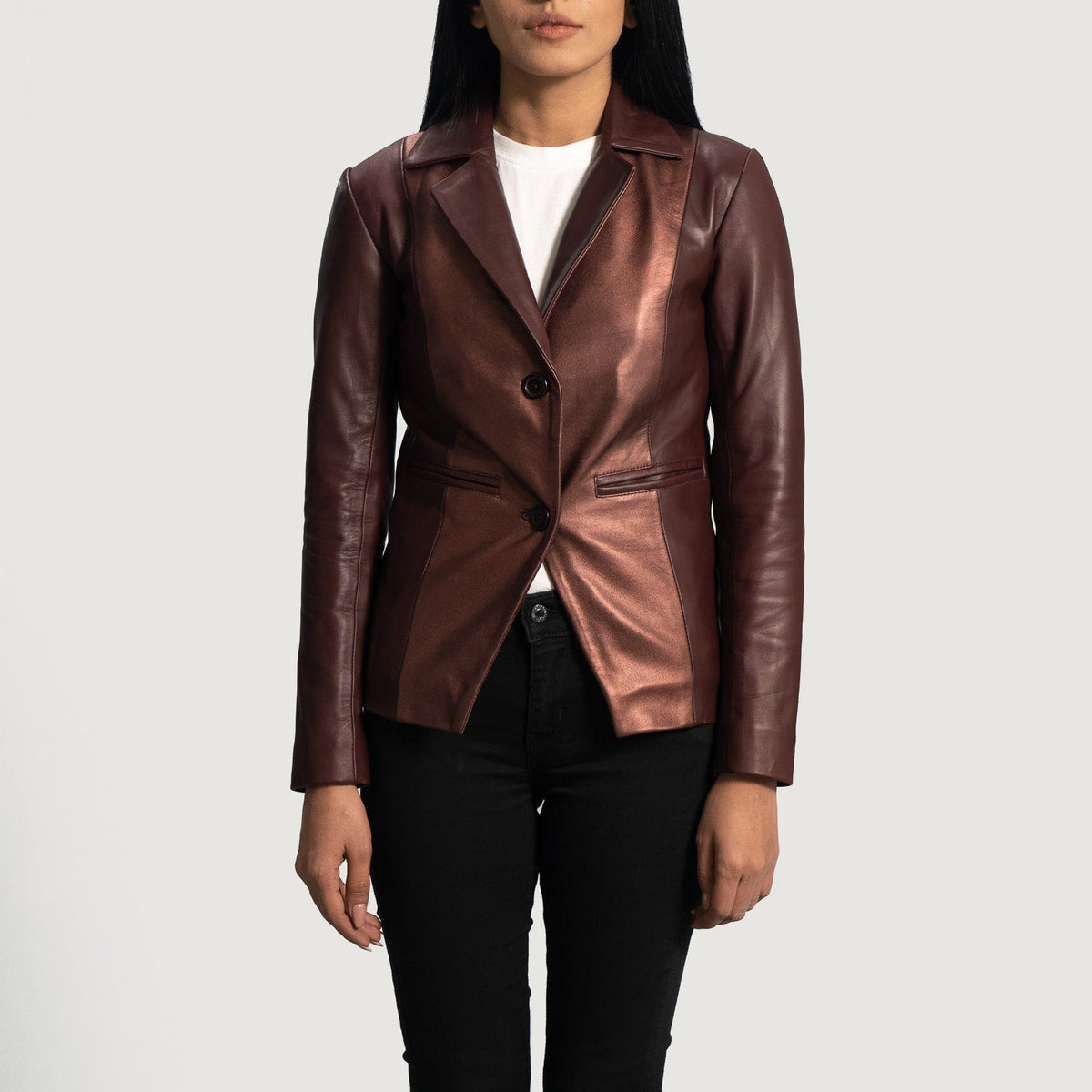 Women's Ruby Metallic Maroon 가죽 테일러드 블레이저 여성용 in Maroon Sheepskin Leather - Front Profile View &amp; Tailored Silhouette | Buy Online