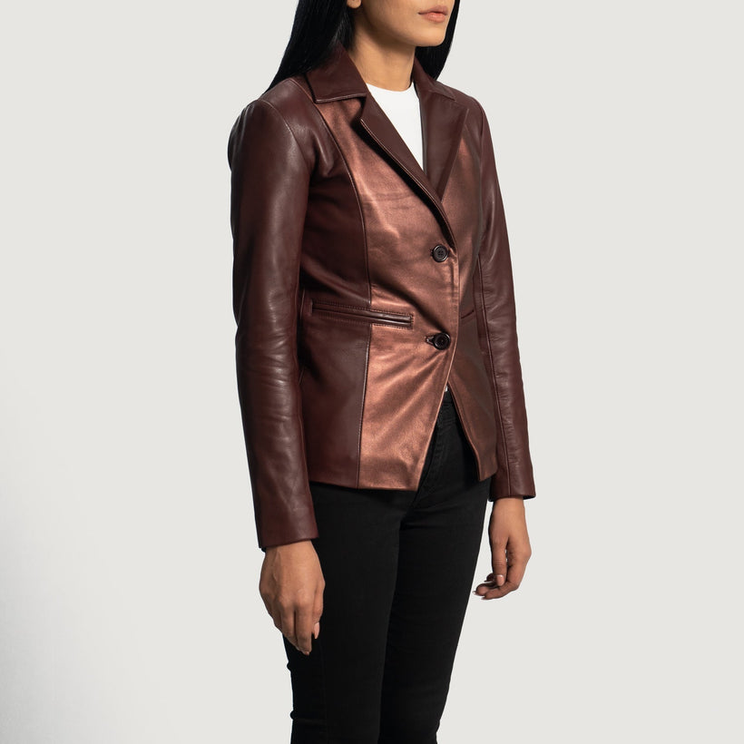 Ruby Metallic Maroon 가죽 테일러드 블레이저 여성용