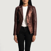 Women's Ruby Metallic Maroon 가죽 테일러드 블레이저 여성용 - Lateral Side Profile View Showing Sleeve Cut &amp; Athletic Taper Fit