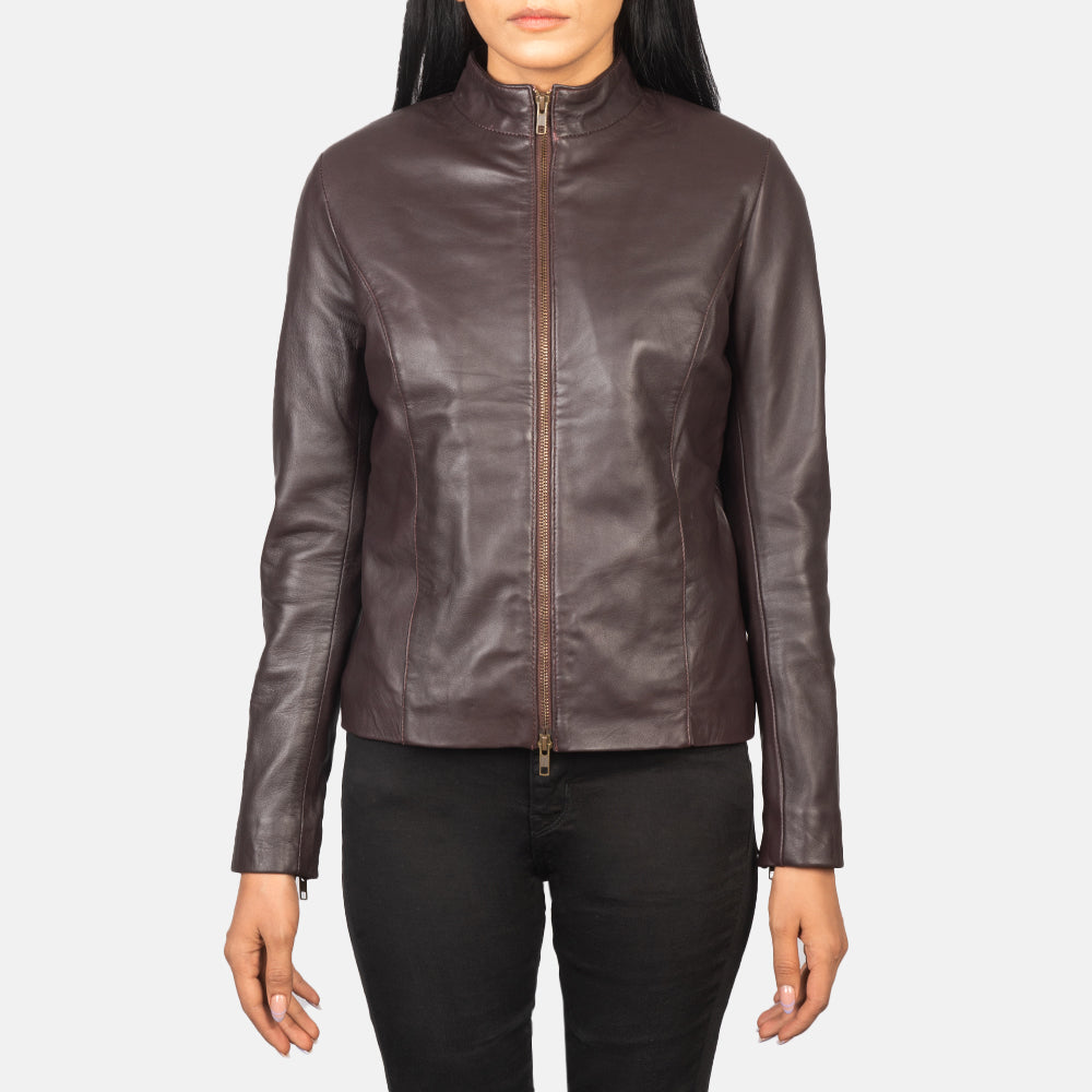 
클로즈업 상세 of Mandarin & Zipper with Dual Puller Hardware on Rumella Maroon Leather Biker Jacket