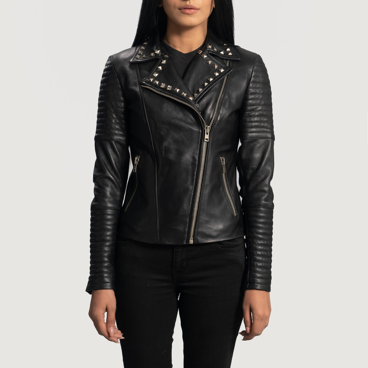 Women's Sally Mae Studded 블랙 가죽 라이더 자켓 여성용 in Black Sheepskin Leather - Front Profile View &amp; Tailored Silhouette | Buy Online
