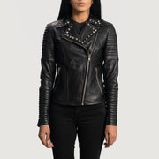 Women's Sally Mae Studded 블랙 가죽 라이더 자켓 여성용 in Black Sheepskin Leather - Front Profile View &amp; Tailored Silhouette | Buy Online