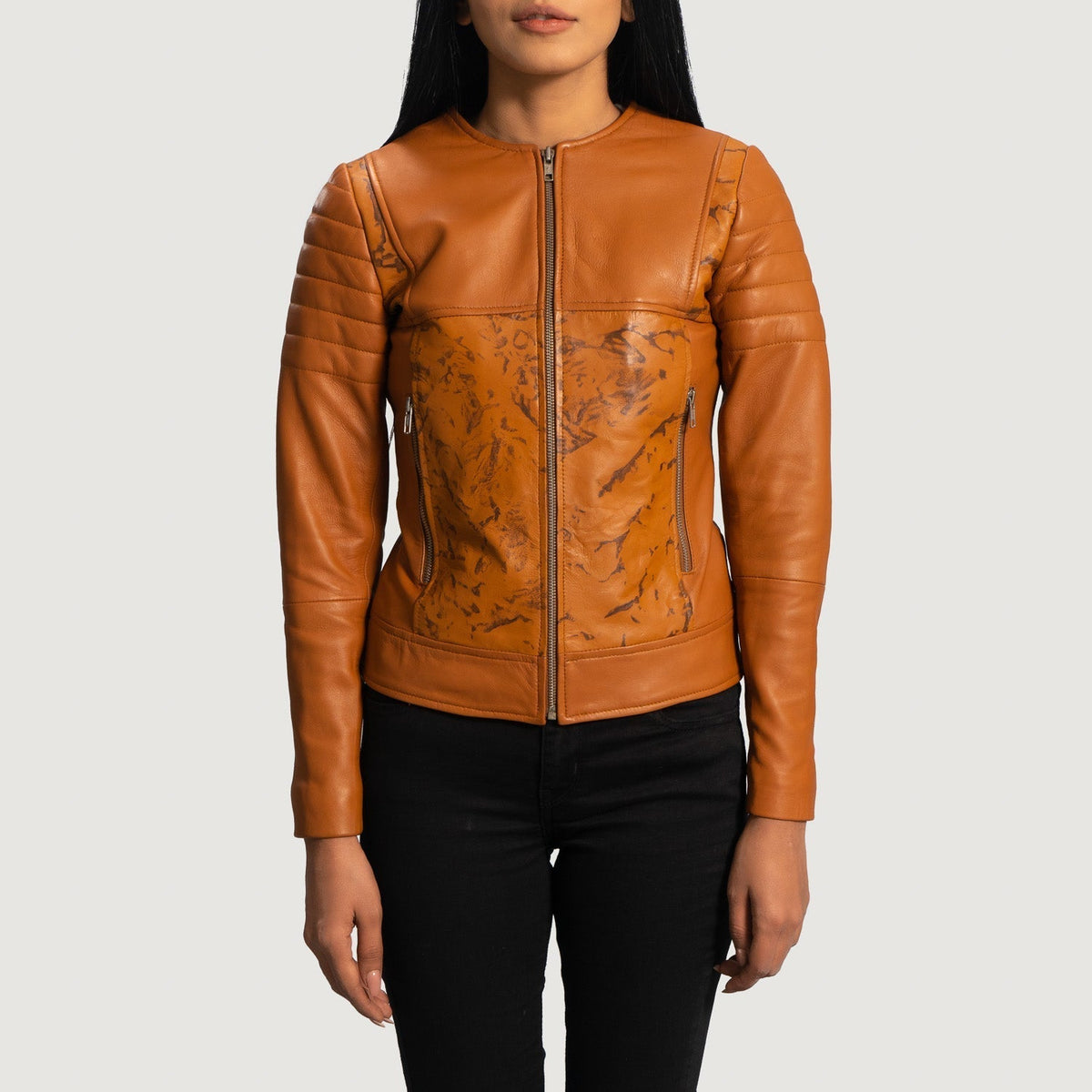 Women's Sandy 탠 Dye 가죽 라이더 자켓 여성용 in Tan Brown Sheepskin Dip &amp;Amp; Dye - Front Profile View &amp; Tailored Silhouette | Buy Online