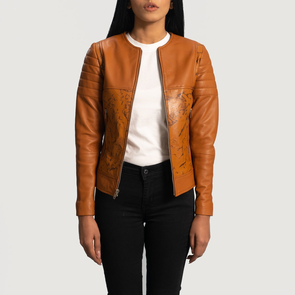 Women's Sandy 탠 Dye 가죽 라이더 자켓 여성용 - Lateral Side Profile View Showing Sleeve Cut &amp; Athletic Taper Fit