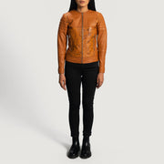 Close-Up Detail of Classic Collar &amp; Zipper Hardware on Women's Sandy 탠 Dye 가죽 라이더 자켓 여성용