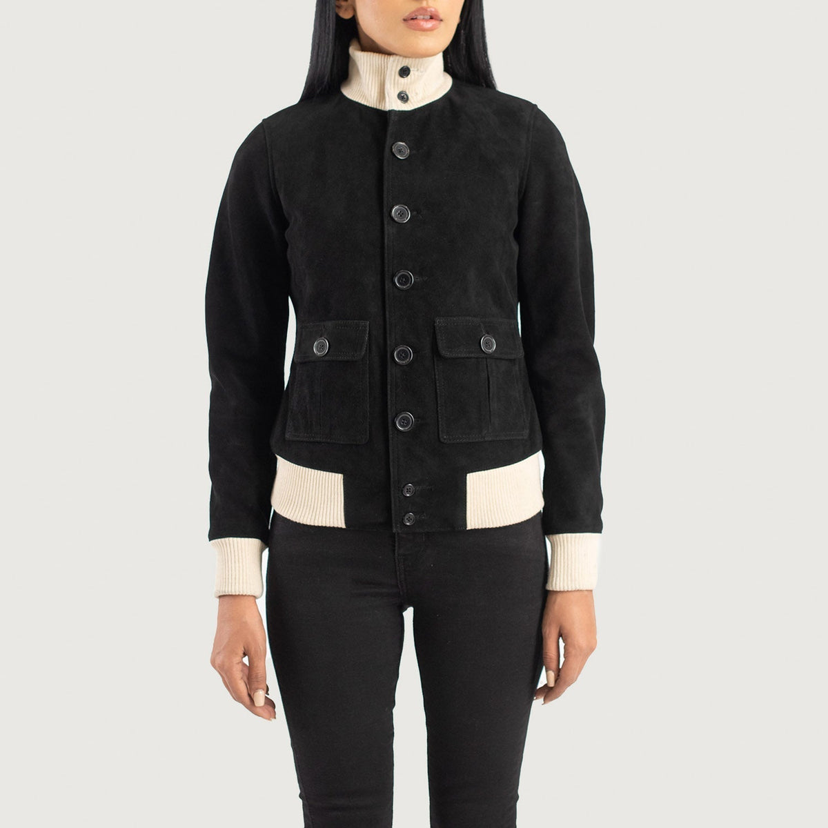 
클로즈업 상세 of Knit Rib & Buttons Hardware on Sasha A1 Black Suede Bomber Jacket