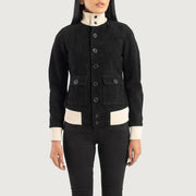 
클로즈업 상세 of Knit Rib & Buttons Hardware on Sasha A1 Black Suede Bomber Jacket