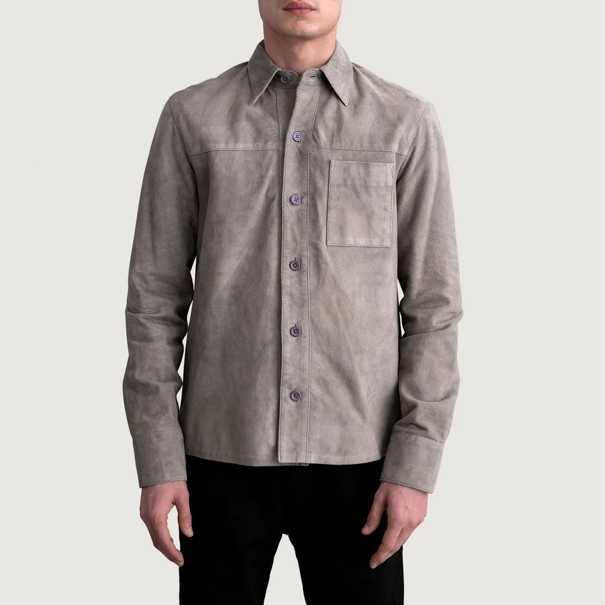 Scout Grey Suede Leather Shirt 남성용 - Lateral Side Profile View Showing Sleeve Cut &amp; Athletic Taper Fit