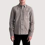 Scout Grey Suede Leather Shirt 남성용 - Lateral Side Profile View Showing Sleeve Cut &amp; Athletic Taper Fit