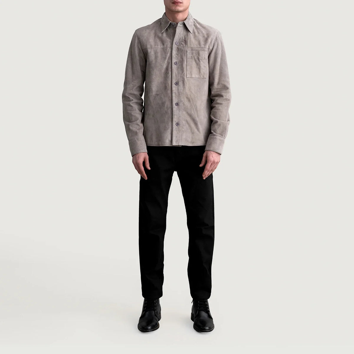 Close-Up Detail of Shirt &amp; Buttons Hardware on Scout Grey Suede Leather Shirt 남성용