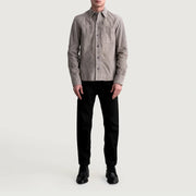 Close-Up Detail of Shirt &amp; Buttons Hardware on Scout Grey Suede Leather Shirt 남성용