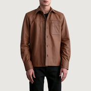 Scout Matte 브라운 Leather Shirt 남성용 in Matte Brown Cowhide Leather - Front Profile View &amp; Tailored Silhouette | Buy Online