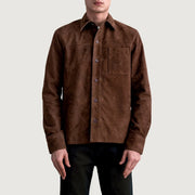 Scout Mocha Suede Leather Shirt 남성용 - Lateral Side Profile View Showing Sleeve Cut &amp; Athletic Taper Fit