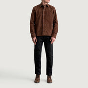 Close-Up Detail of Shirt &amp; Buttons Hardware on Scout Mocha Suede Leather Shirt 남성용