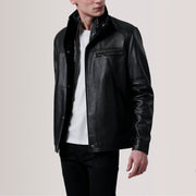 Sean 블랙 Leather Classic 가죽 자켓 남성용 For Men in Black Sheepskin Leather - Front Profile View &amp; Tailored Silhouette | Buy Online