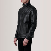 Sean 블랙 Leather Classic 가죽 자켓 남성용 For Men - Lateral Side Profile View Showing Sleeve Cut &amp; Athletic Taper Fit