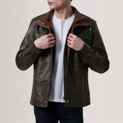 Sean 브라운 Leather Classic 가죽 자켓 남성용 For Men in Brown Sheepskin Leather - Front Profile View &amp; Tailored Silhouette | Buy Online