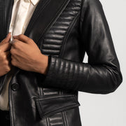 Women's Selina 블랙 가죽 테일러드 블레이저 여성용 - Lateral Side Profile View Showing Sleeve Cut &amp; Athletic Taper Fit