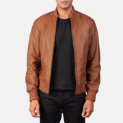 Men's Shane 브라운 가죽 봄버 자켓 남성용 in Brown Sheepskin Leather - Front Profile View &amp; Tailored Silhouette | Buy Online