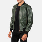 Green Sheepskin Leather Bomber Jacket - Back View Showing Tailored Shoulder Fit &amp; Clean Hemline