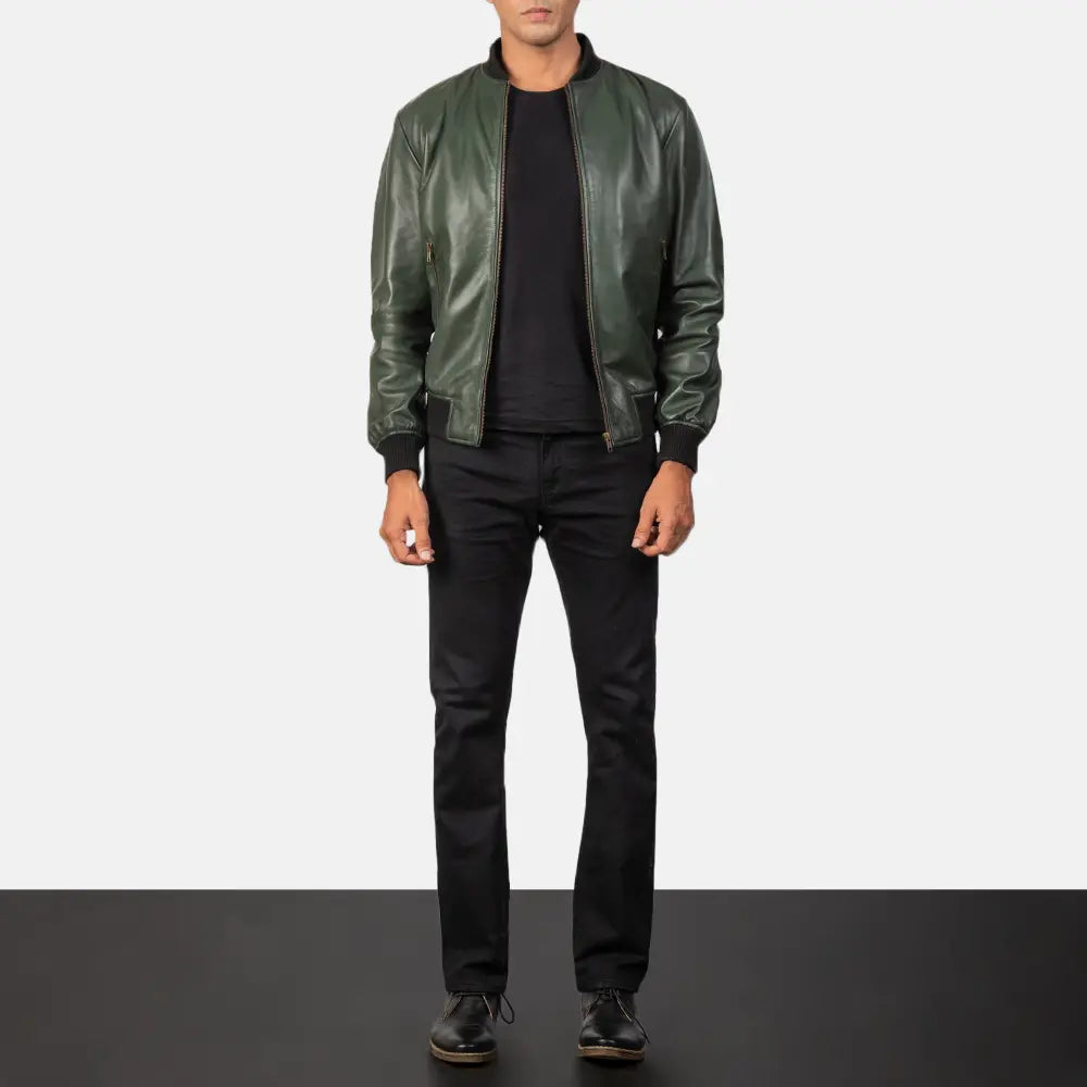 Close-Up Detail of Rib Knit &amp; Zipper Hardware on Men's Shane Army Green Leather Bomber Jacket