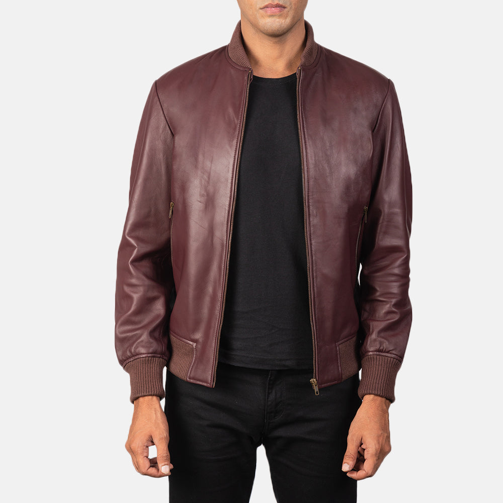 Men's Shane Maroon 가죽 봄버 자켓 남성용 in Maroon Sheepskin Leather - Front Profile View &amp; Tailored Silhouette | Buy Online