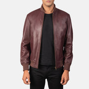 Men's Shane Maroon 가죽 봄버 자켓 남성용 in Maroon Sheepskin Leather - Front Profile View &amp; Tailored Silhouette | Buy Online