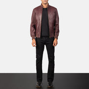 Men's Shane Maroon 가죽 봄버 자켓 남성용 - Lateral Side Profile View Showing Sleeve Cut &amp; Athletic Taper Fit