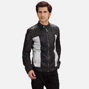 Shapron Studded 가죽 라이더 자켓 남성용 in Black Sheepskin Leather - Front Profile View &amp; Tailored Silhouette | Buy Online