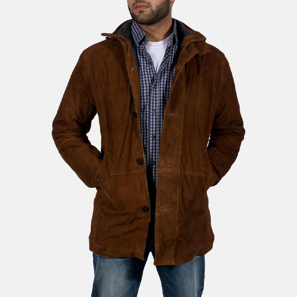 Men's Sheriff 브라운 스웨이드 자켓 남성용 in Brown Goatskin Suede - Front Profile View &amp; Tailored Silhouette | Buy Online