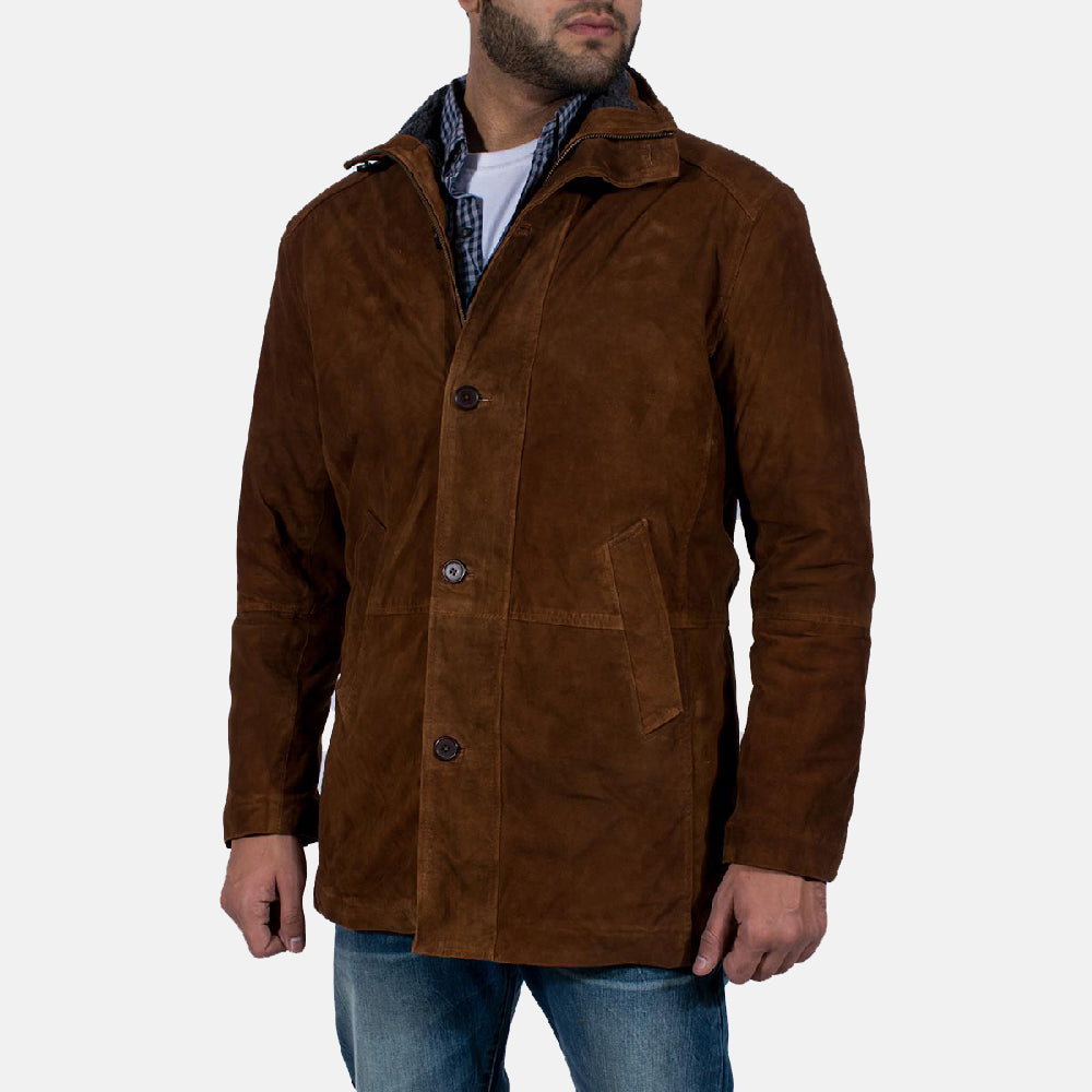 Men's Sheriff 브라운 스웨이드 자켓 남성용 - Lateral Side Profile View Showing Sleeve Cut &amp; Athletic Taper Fit