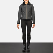Women's Sherilyn B-3 Distressed Black Leather Bomber Jacket - Lateral Side Profile View Showing Sleeve Cut &amp; Athletic Taper Fit