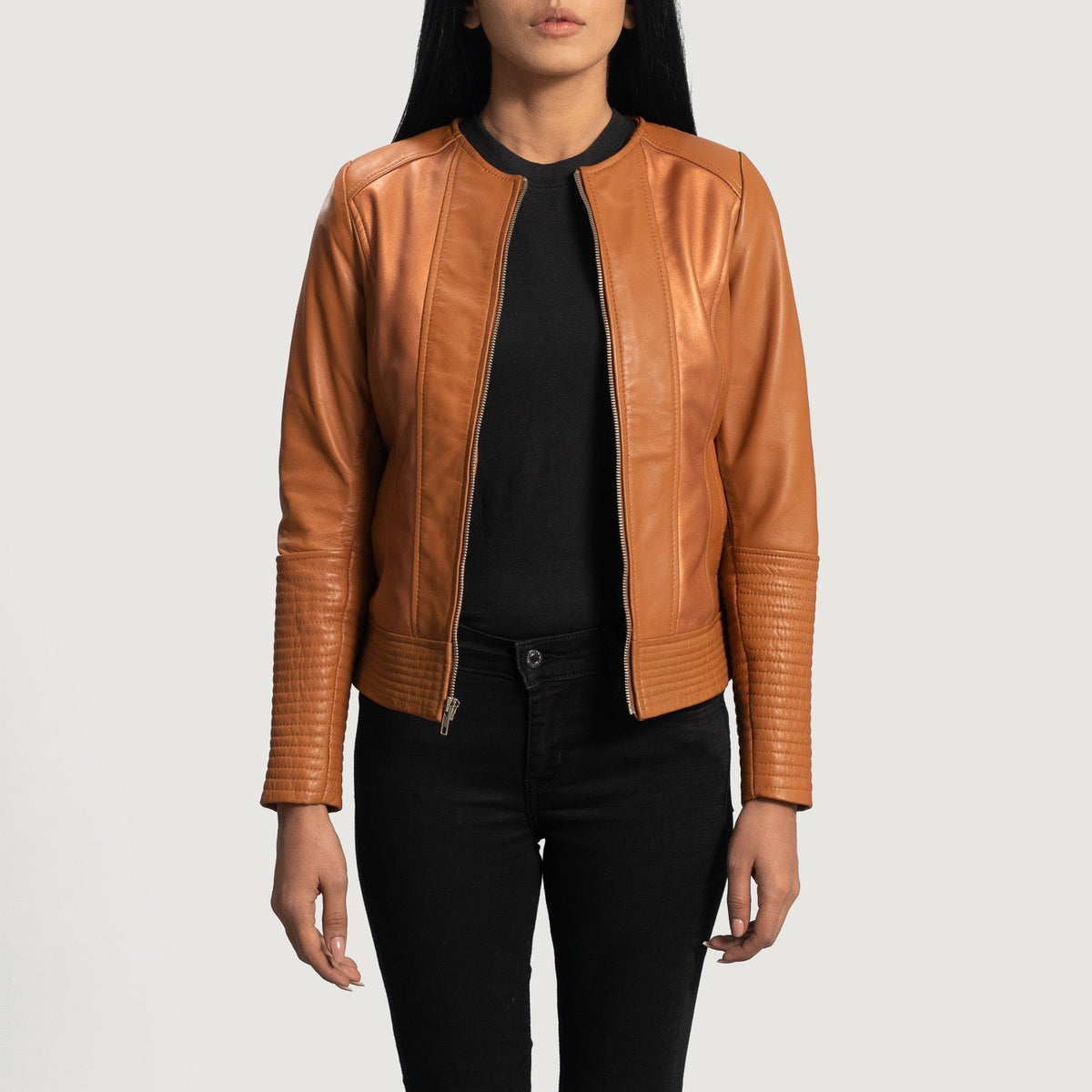 Women's Sleeky Clean 탠 가죽 라이더 자켓 여성용 in Tan Brown Sheepskin Leather - Front Profile View &amp; Tailored Silhouette | Buy Online