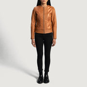 Women's Sleeky Clean 탠 가죽 라이더 자켓 여성용 - Lateral Side Profile View Showing Sleeve Cut &amp; Athletic Taper Fit