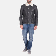 
클로즈업 상세 of Shirt style Faux Shearling Collar & Zipper + Button Flap Hardware on Snow Cole 블랙 가죽 자켓 남성용