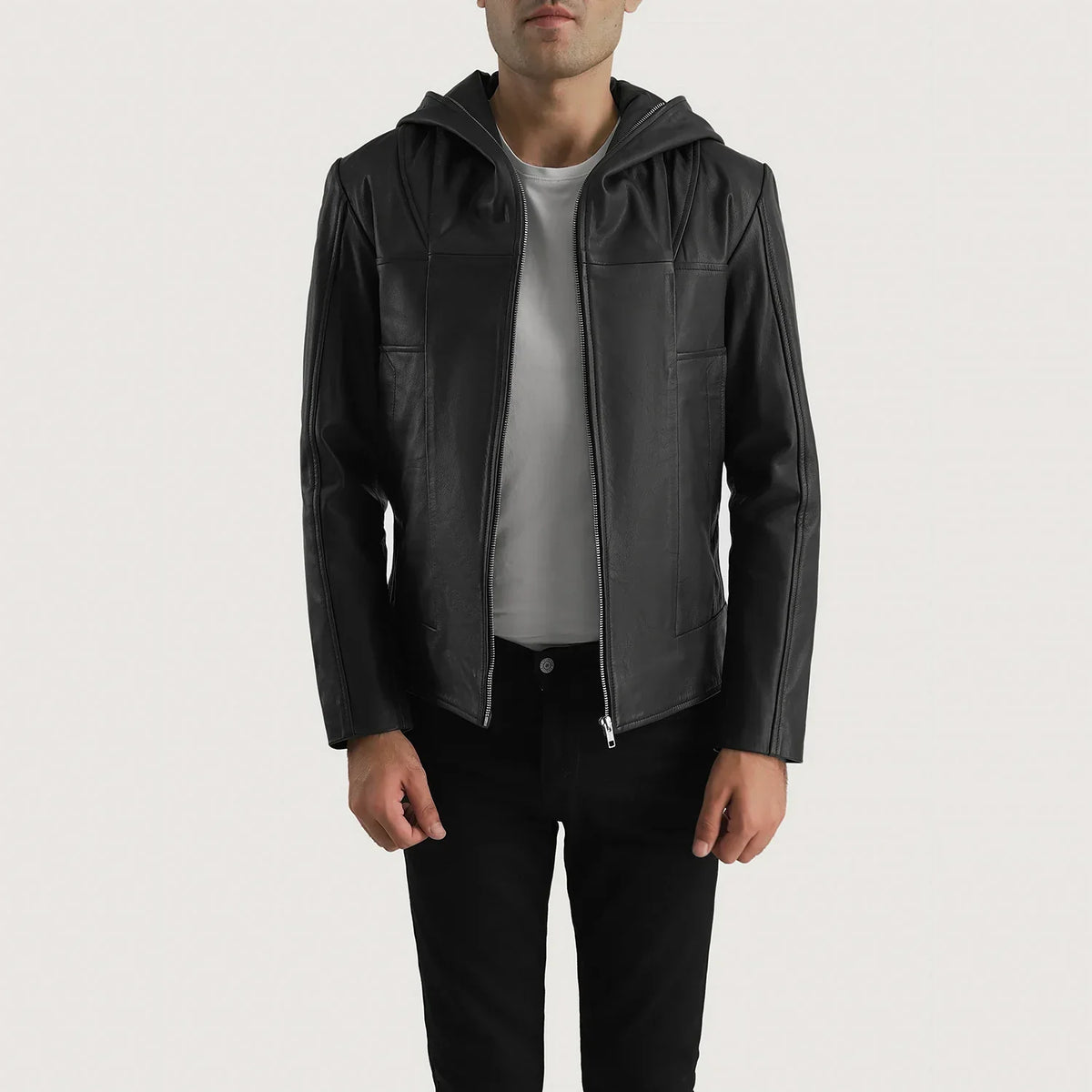 
Spratt 블랙 Hooded 가죽 자켓 남성용 in Black Goatskin Leather - 정면 스타일 및 테일러드 실루엣 | 공식 온라인 스토어 구매