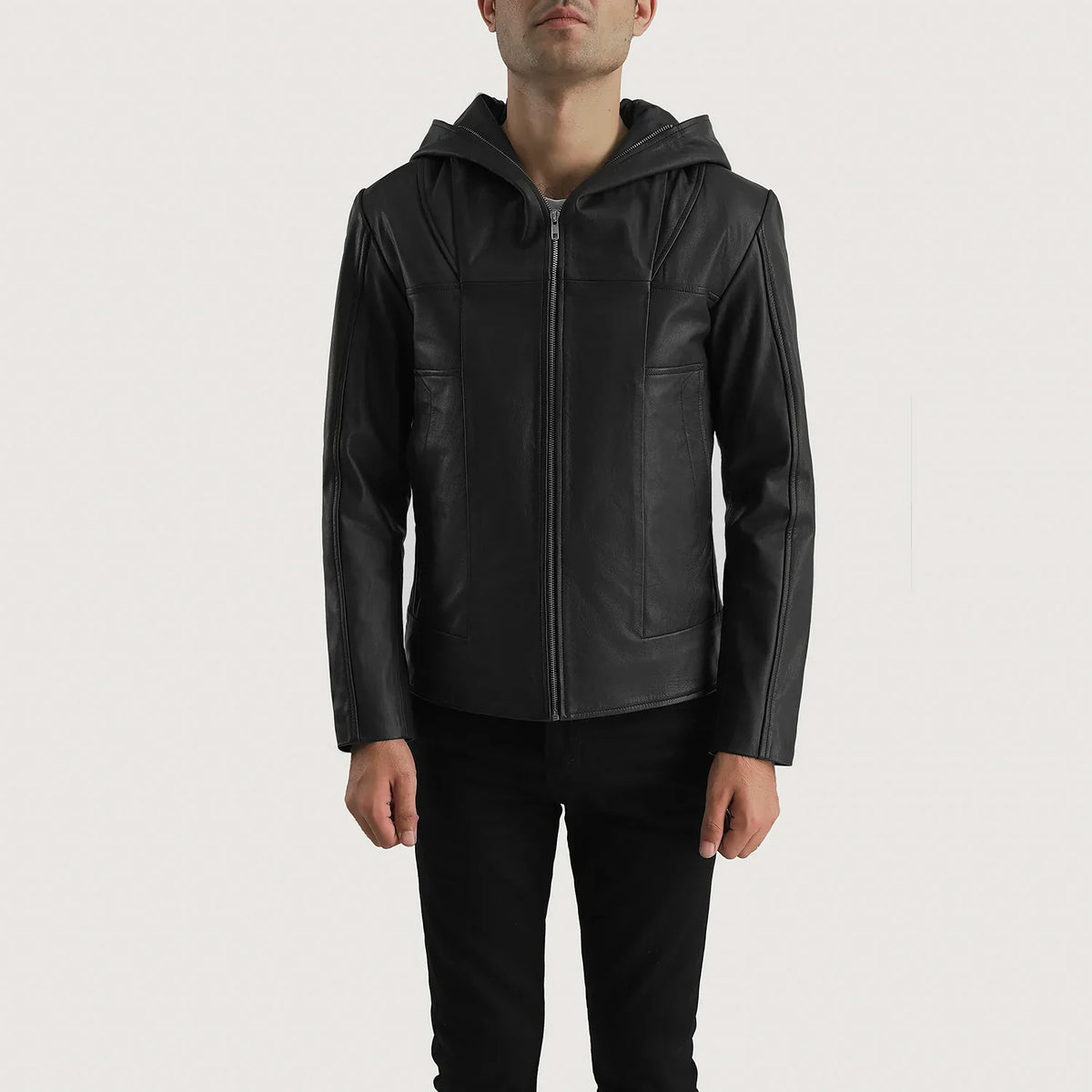 
Black Goatskin Leather Hooded Jacket - 어깨 라인과 깔끔한 밑단이 돋보이는 뒷면 뷰