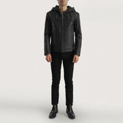 
클로즈업 상세 of Hooded & Zipper Hardware on Spratt 블랙 Hooded 가죽 자켓 남성용
