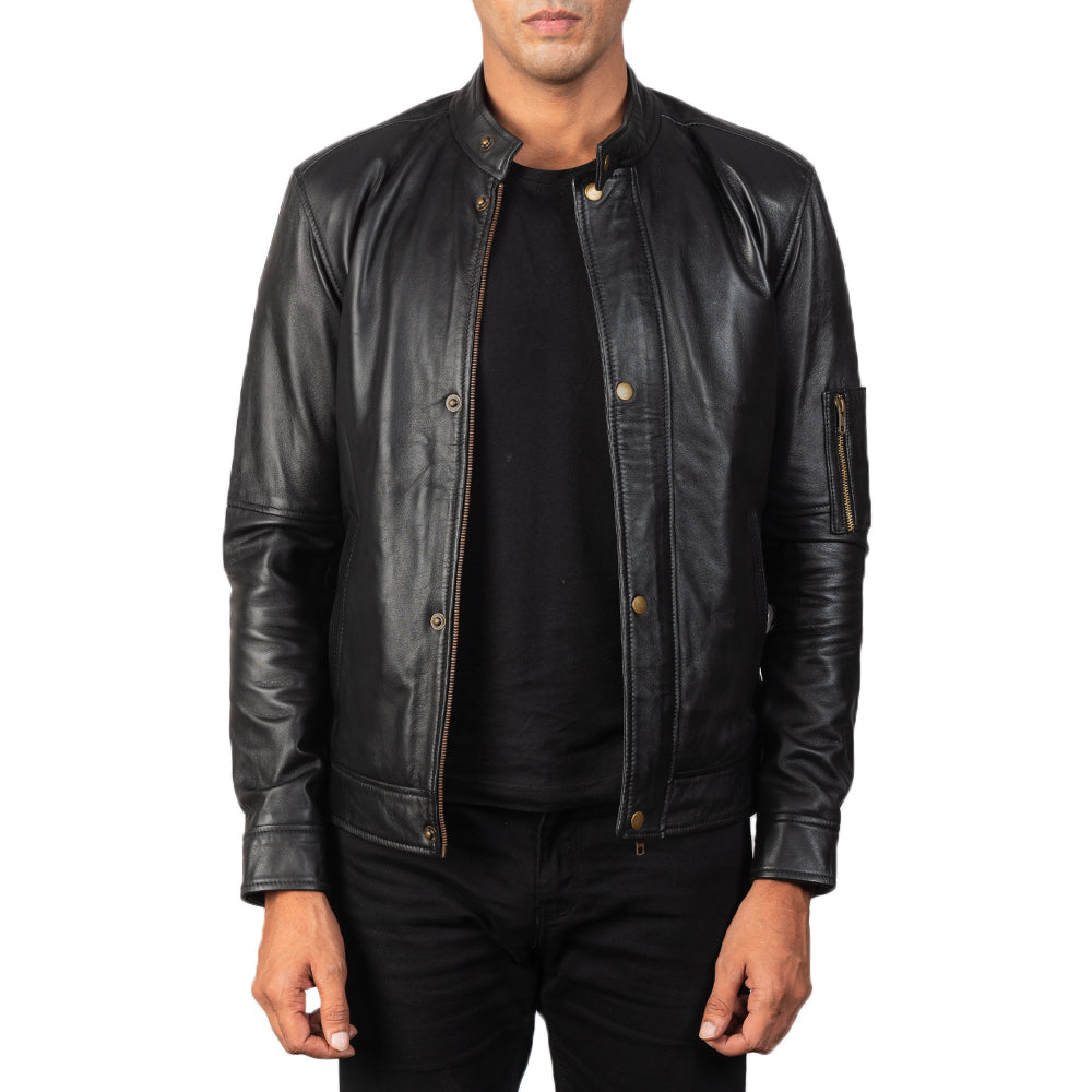 Men's Tea House 블랙 가죽 라이더 자켓 남성용 in Black Sheepskin Leather - Front Profile View &amp; Tailored Silhouette | Buy Online