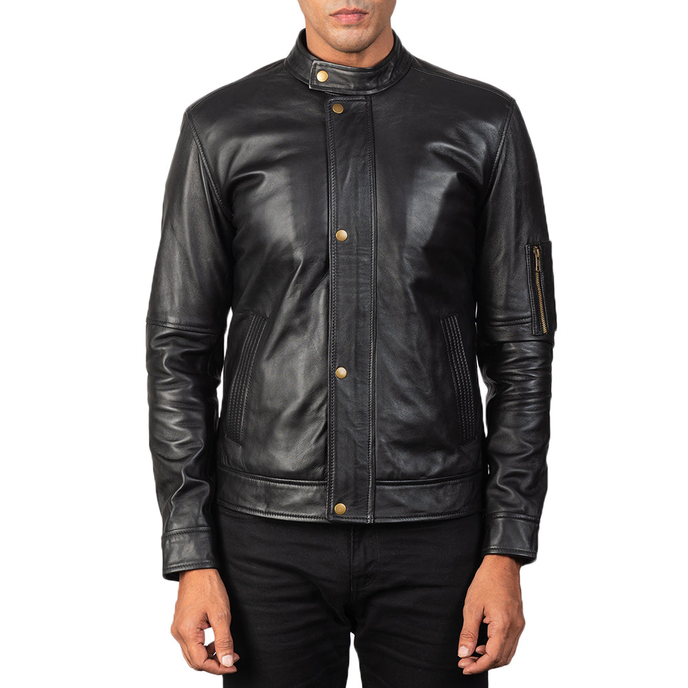 Men's Tea House 블랙 가죽 라이더 자켓 남성용 - Lateral Side Profile View Showing Sleeve Cut &amp; Athletic Taper Fit